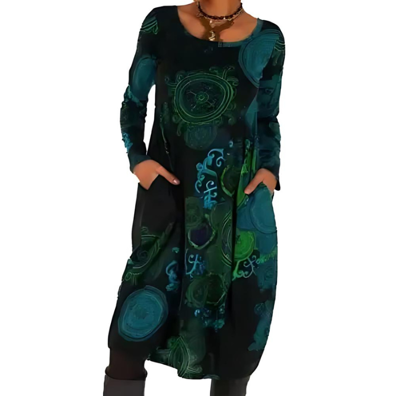 Women’s Midi Dress – All-Over Print with Patch Pockets and Long Sleeves