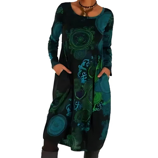 Women’s Midi Dress – All-Over Print with Patch Pockets and Long Sleeves