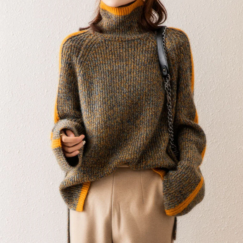 Women’s Roll-Neck Jumper – Contrast Trims with Side Splits