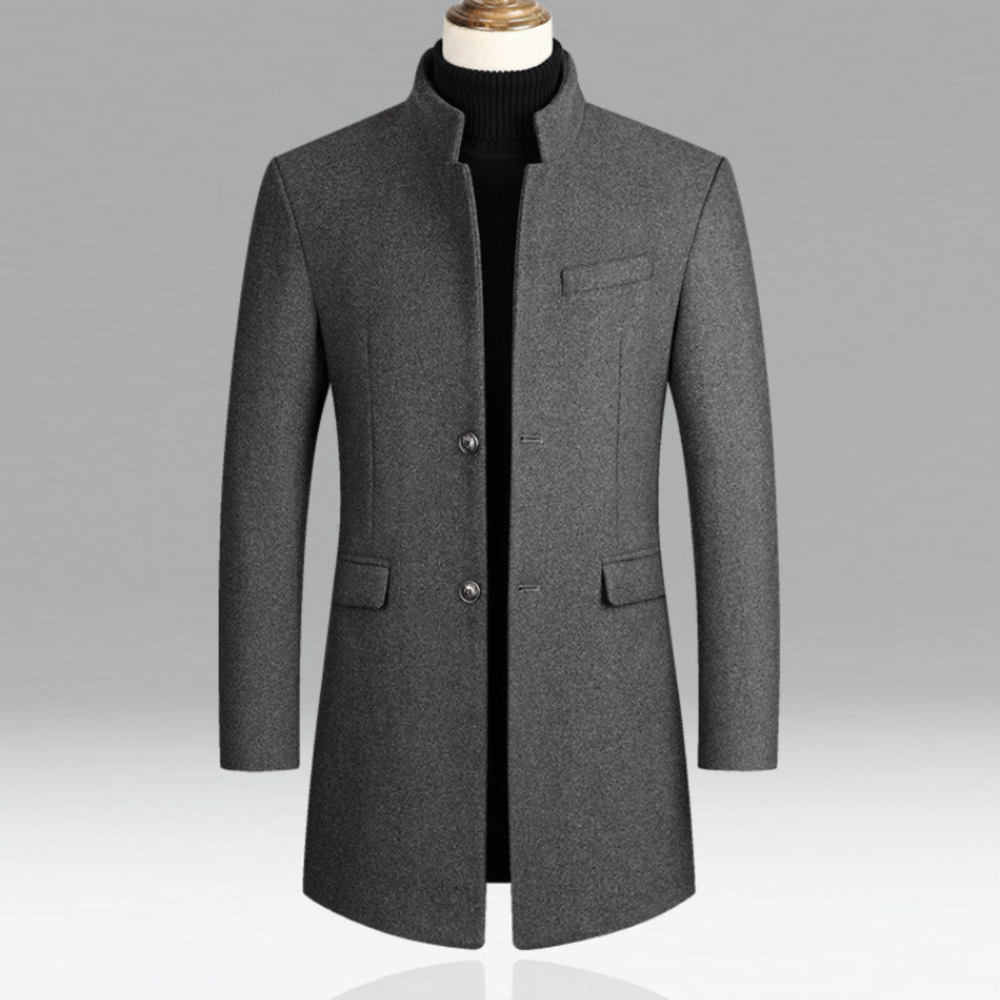 Men’s Stand-Collar Longline Overcoat – Tailored Button-Front Layer with Structured Pockets