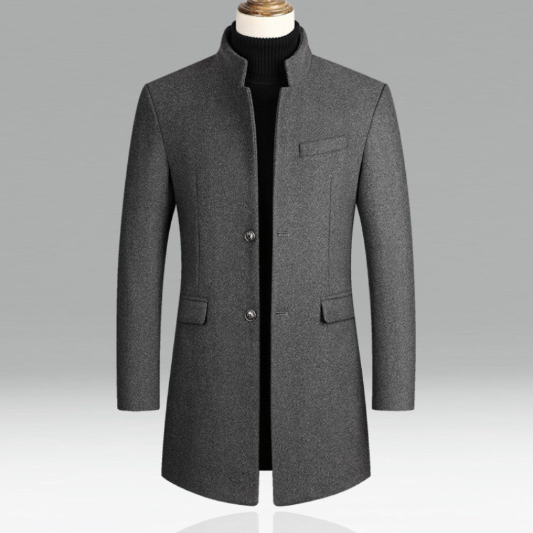 Men’s Stand-Collar Longline Overcoat – Tailored Button-Front Layer with Structured Pockets