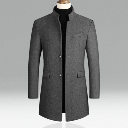 Men’s Stand-Collar Longline Overcoat – Tailored Button-Front Layer with Structured Pockets
