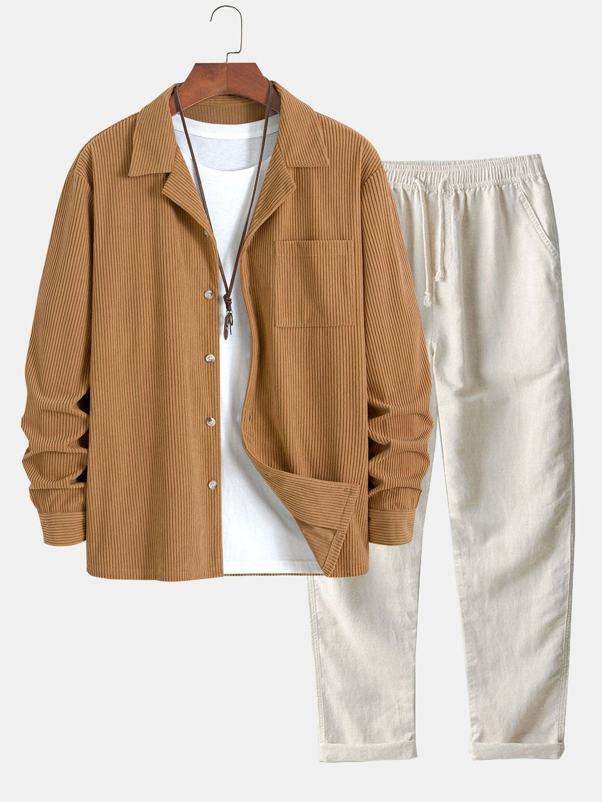 Men’s Corduroy Cuban Collar Shirt and Linen Blend Trousers – Relaxed Transitional Outfit