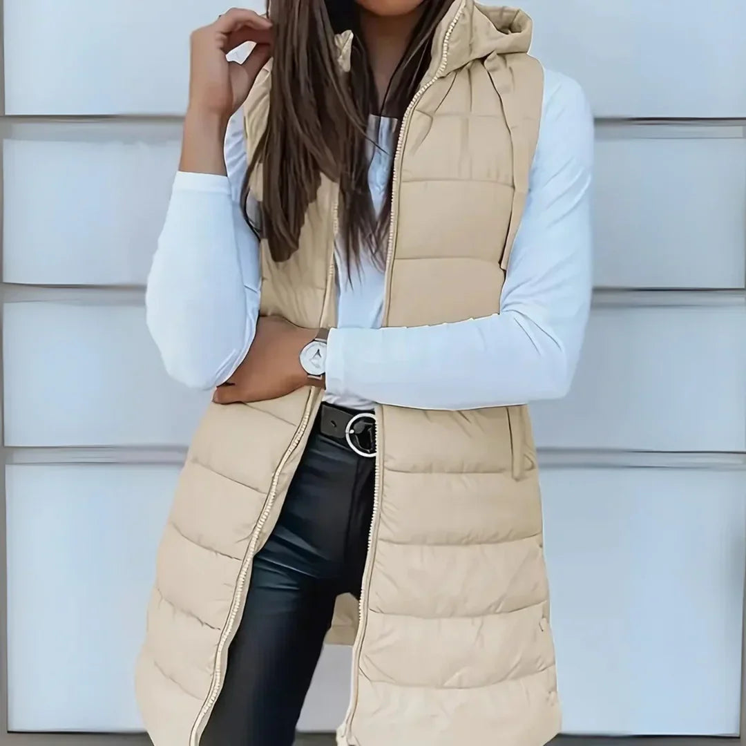 Women’s Longline Quilted Gilet – Hooded Body Warmer with Full-Length Zip