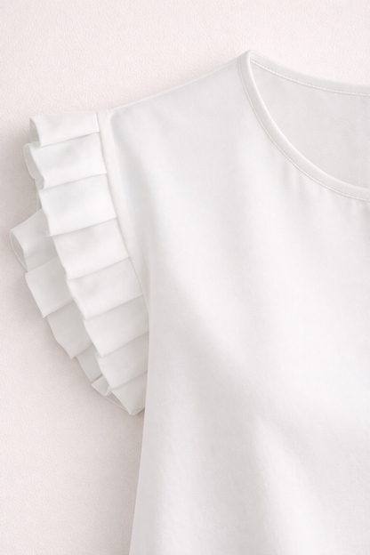 Women’s Short-Sleeve Blouse – Tiered Ruffle Sleeves with Round Neck