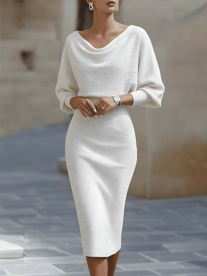 Women’s Cocktail Dress – Midi Dress with Cowl Neck and Ruched Waist