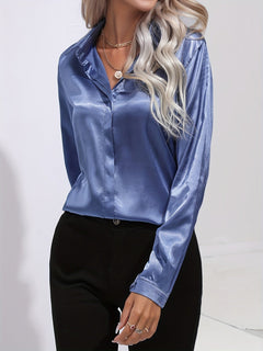 Women’s Satin Collared Blouse – Lustrous Long-Sleeve Style for Office and Evening Dressing