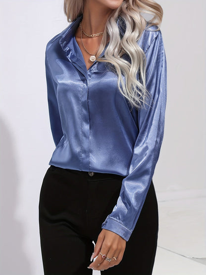Women’s Satin Collared Blouse – Lustrous Long-Sleeve Style for Office and Evening Dressing