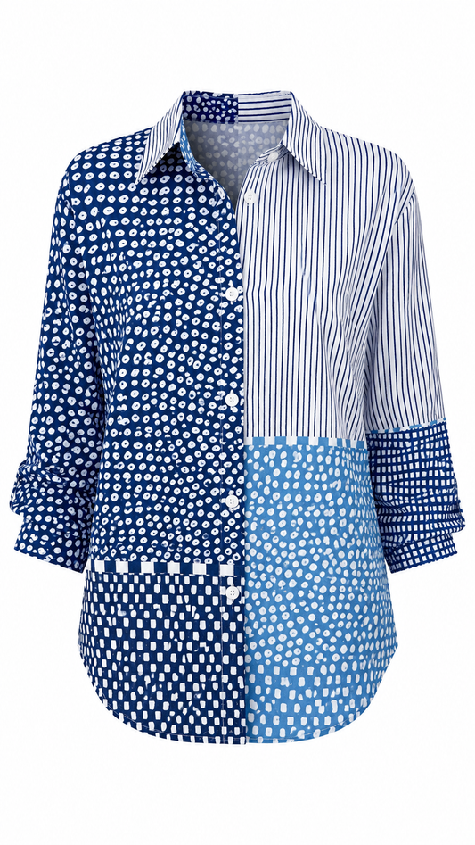Women’s Printed Relaxed-Fit Blouse – Button-Up Three-Quarter Sleeve Top for Everyday and Holiday Wear