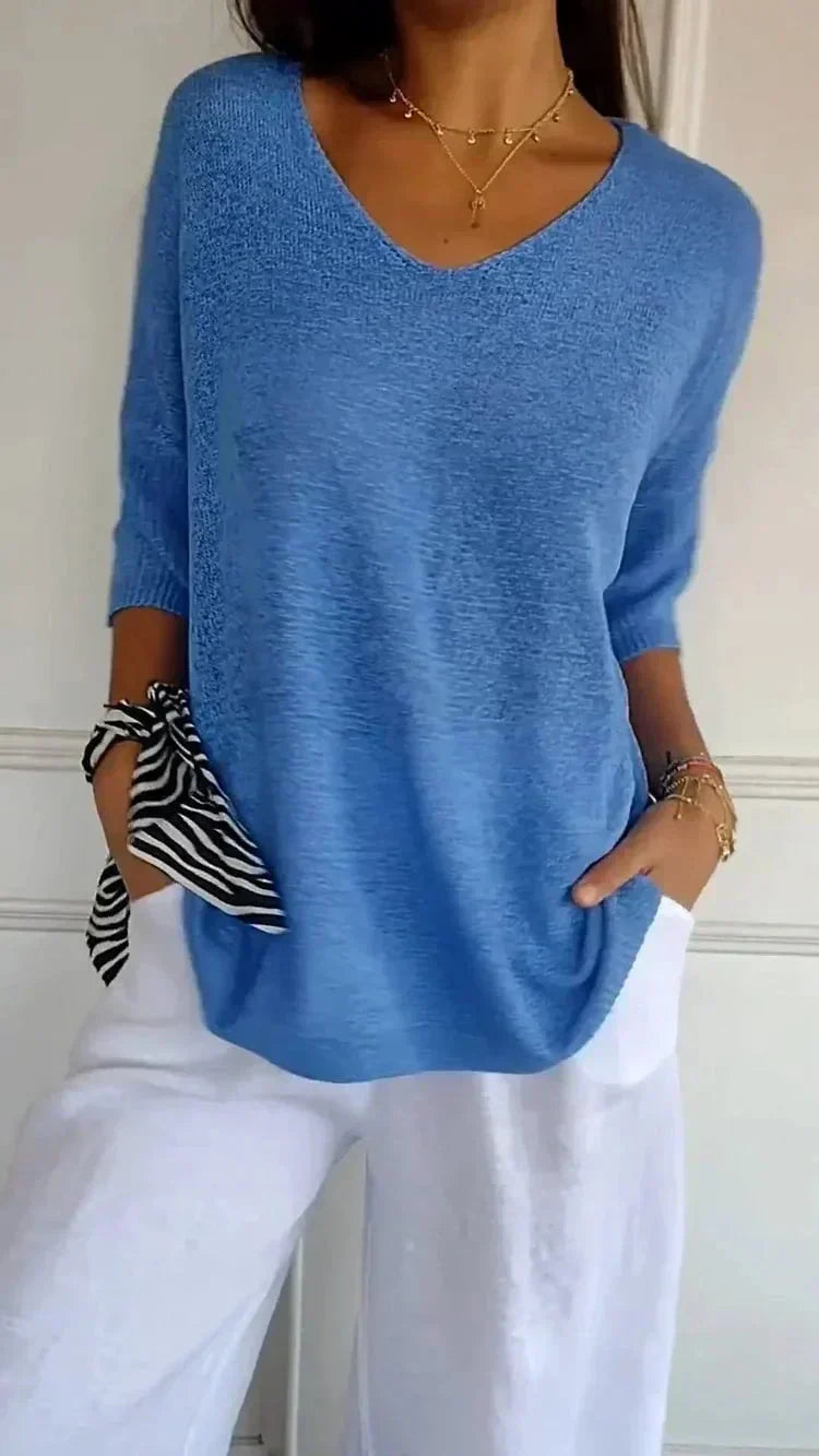 Women’s Relaxed V-Neck Knit Top – Lightweight Longline Layer for Everyday Styling