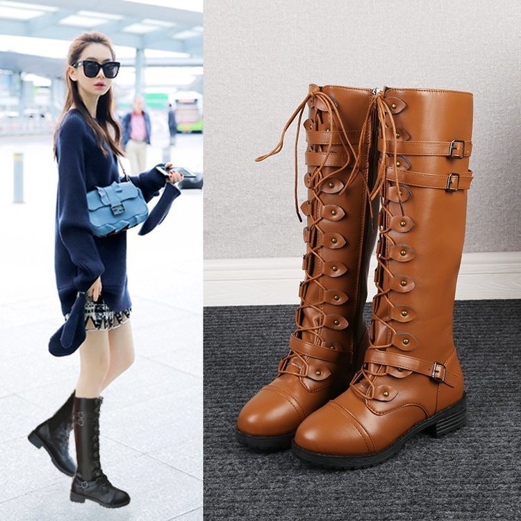 Women's Waterproof Lace-Up Round-Toe Knee-High Boots