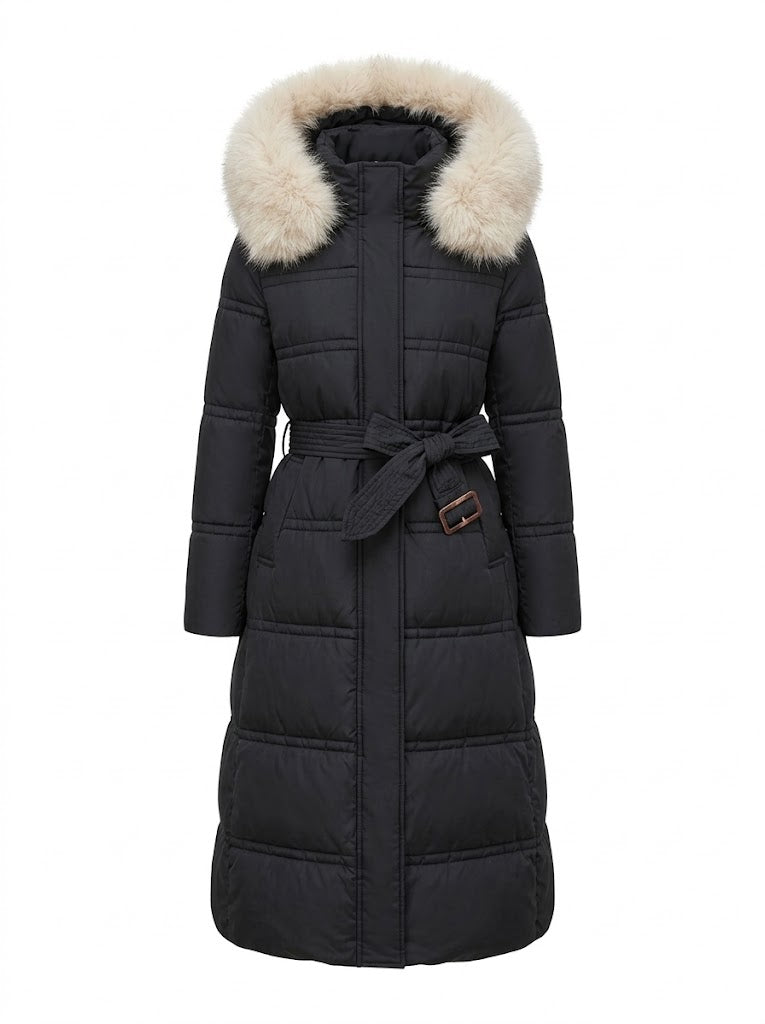 Women’s Longline Quilted Puffer Coat – Faux-Fur Hooded Winter Outerwear with Insulated Full-Coverage Design