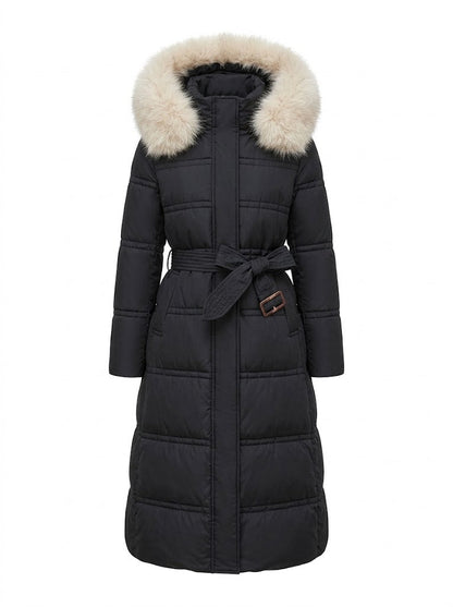 Women’s Longline Quilted Puffer Coat – Faux-Fur Hooded Winter Outerwear with Insulated Full-Coverage Design
