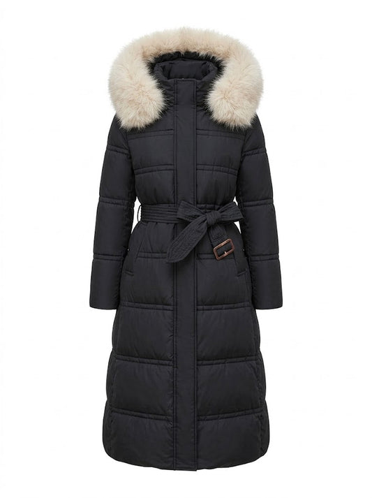 Women’s Longline Quilted Puffer Coat – Faux-Fur Hooded Winter Outerwear with Insulated Full-Coverage Design