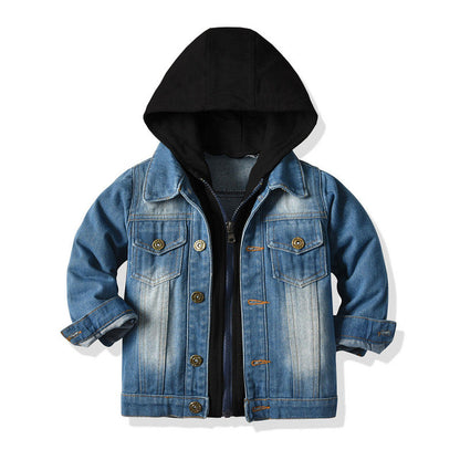 Men’s Layered Hooded Denim Jacket – Button-Front Trucker Design with Zip-Up Inner Layer and Chest Pockets