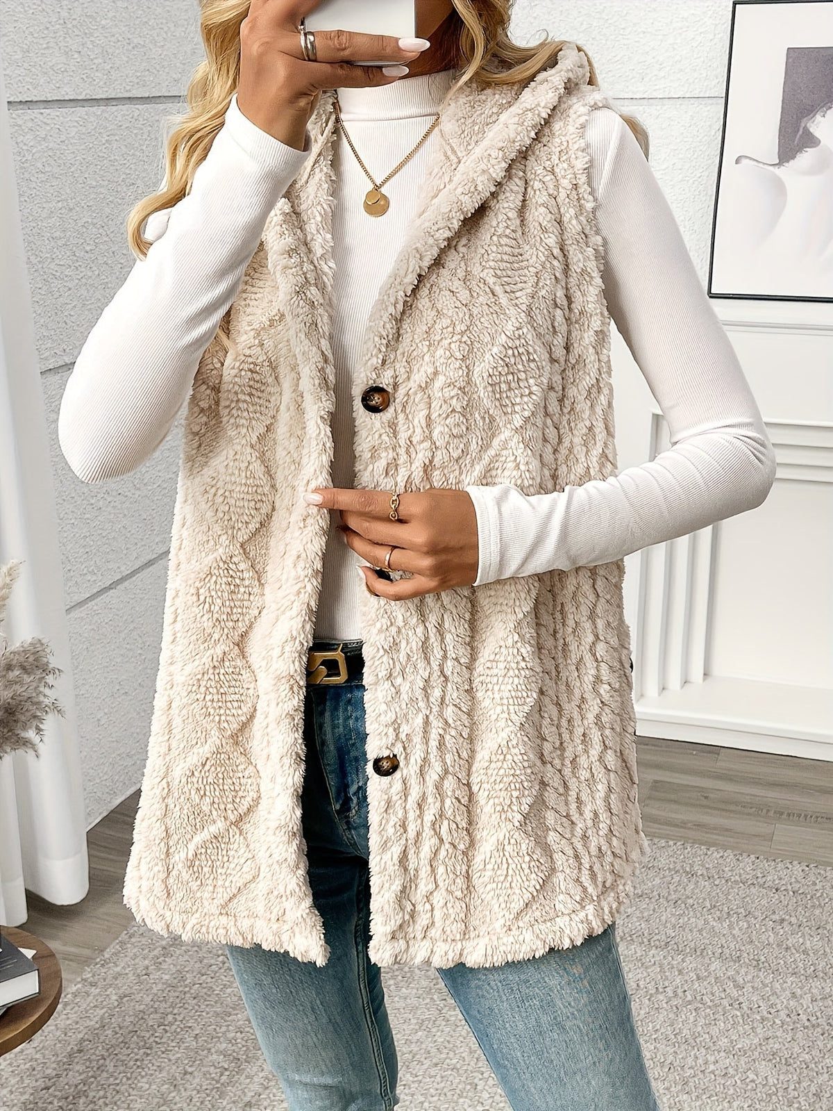Women’s Long Knitted Waistcoat – Hooded with Button Front