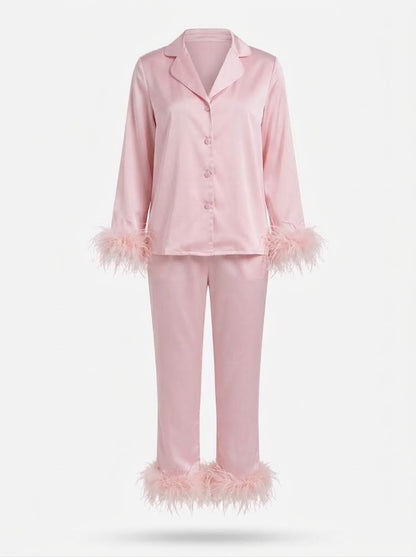 Women’s Feather-Trim Trouser Co-Ord Set – Cropped Tie-Front Top with Straight-Leg Trousers for Evening Wear