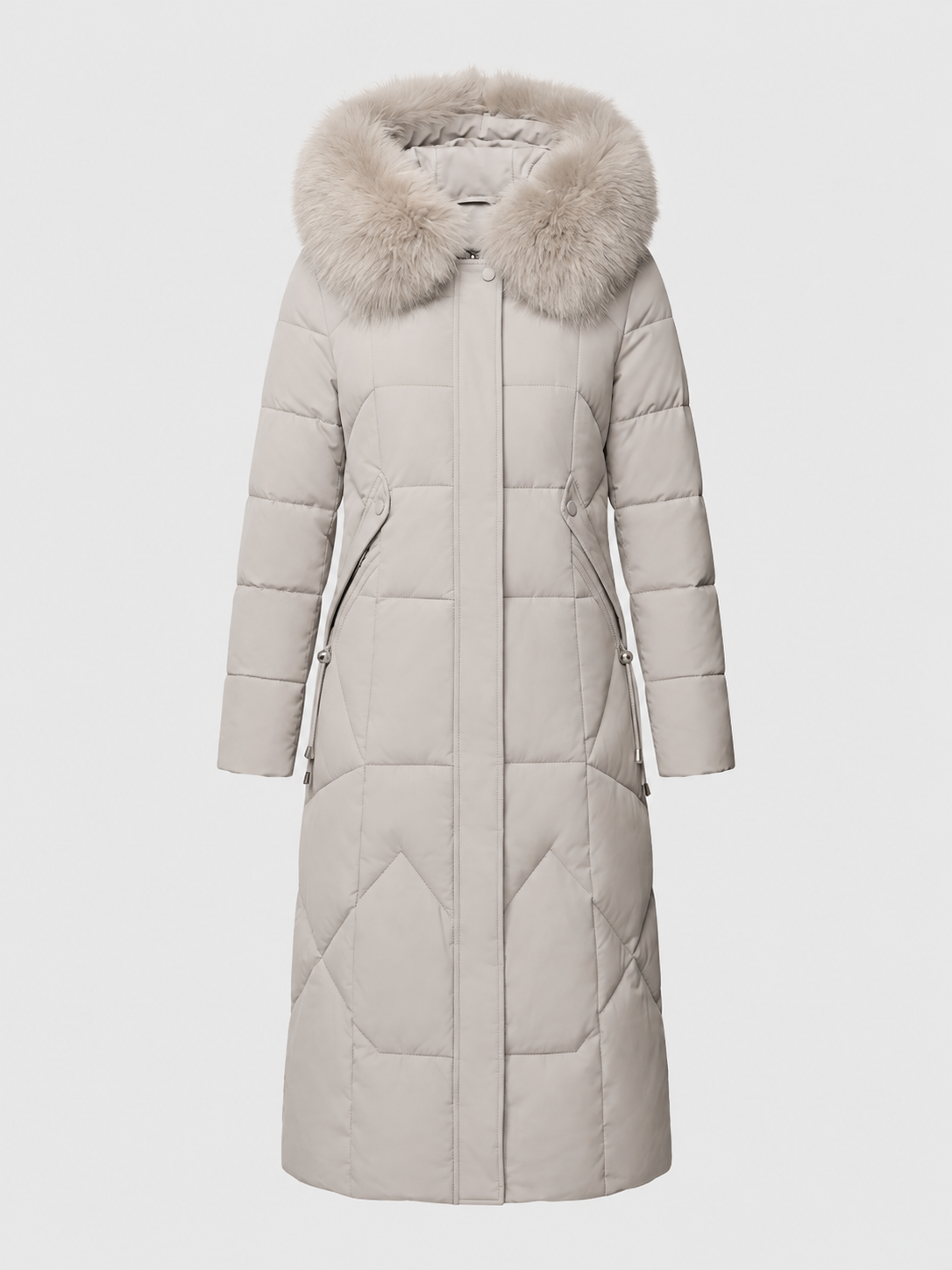 Women’s Faux-Fur Collar Puffer Coat – Shaped Longline Quilted Winter Jacket with High-Neck Protection