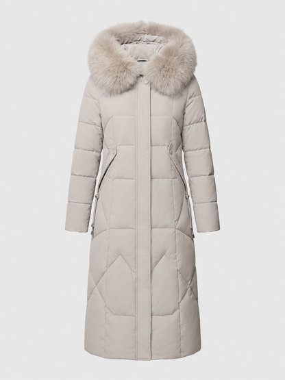 Women’s Faux-Fur Collar Puffer Coat – Shaped Longline Quilted Winter Jacket with High-Neck Protection