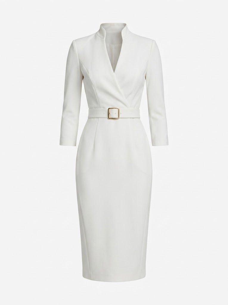 Women’s Belted Sheath Midi Dress – Tailored V-Neck Style for Office and Events