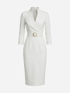 Women’s Belted Sheath Midi Dress – Tailored V-Neck Style for Office and Events