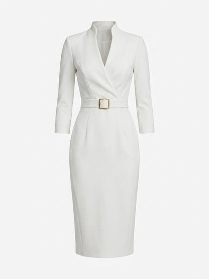 Women’s Belted Sheath Midi Dress – Tailored V-Neck Style for Office and Events