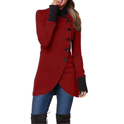Women’s Asymmetric Button-Front Coat – Tailored Longline Winter Jacket with High Collar and Ribbed Cuffs