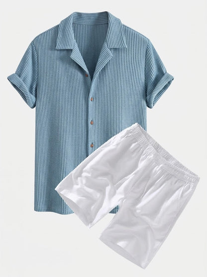 Men’s Textured Waffle Resort Set – Button Shirt with Linen Cotton Drawstring Shorts