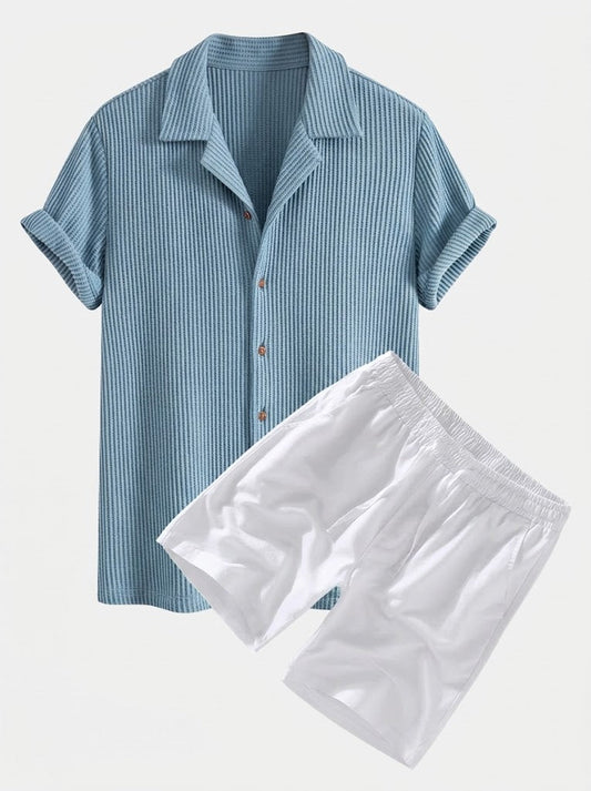 Men’s Textured Waffle Resort Set – Button Shirt with Linen Cotton Drawstring Shorts