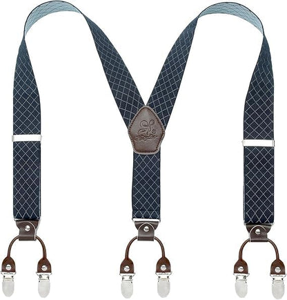 Men’s Checked Y-Back Braces – Adjustable Six-Clip Suspenders for Smart and Formal Styling