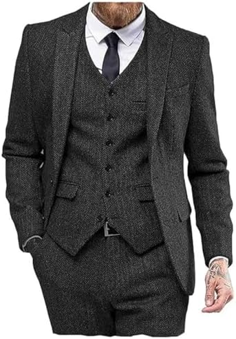 Men’s Herringbone Tweed Three-Piece Suit – Classic Wedding and Formal Tailoring