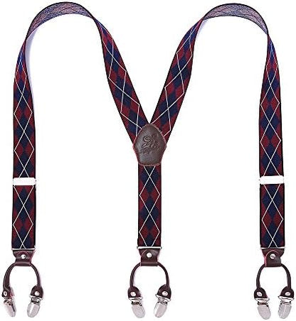 Men’s Checked Y-Back Braces – Adjustable Six-Clip Suspenders for Smart and Formal Styling