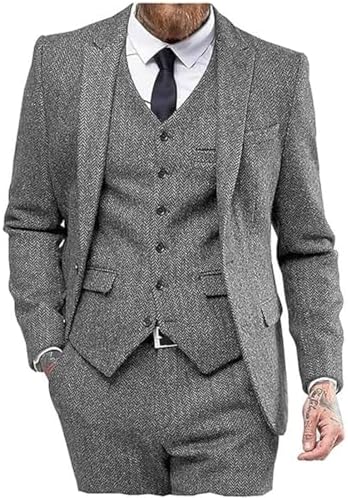 Men’s Herringbone Tweed Three-Piece Suit – Classic Wedding and Formal Tailoring