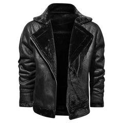 Men’s Plush-Lined Leather Biker Jacket – Warm Asymmetric Layer for Winter Wear