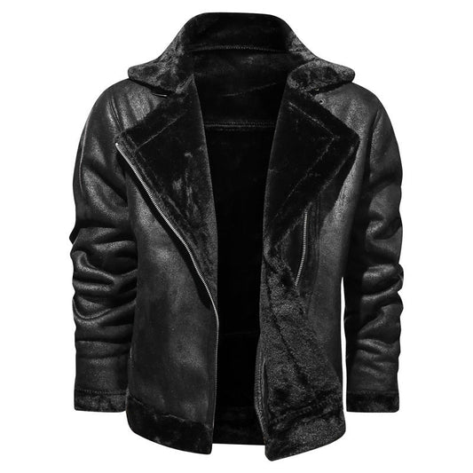 Men’s Plush-Lined Leather Biker Jacket – Warm Asymmetric Layer for Winter Wear