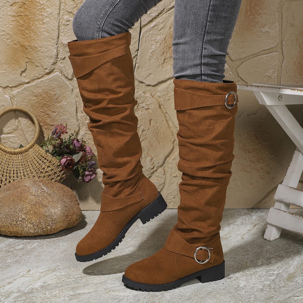 Women's Suede-Look Buckle Knee-High Boots