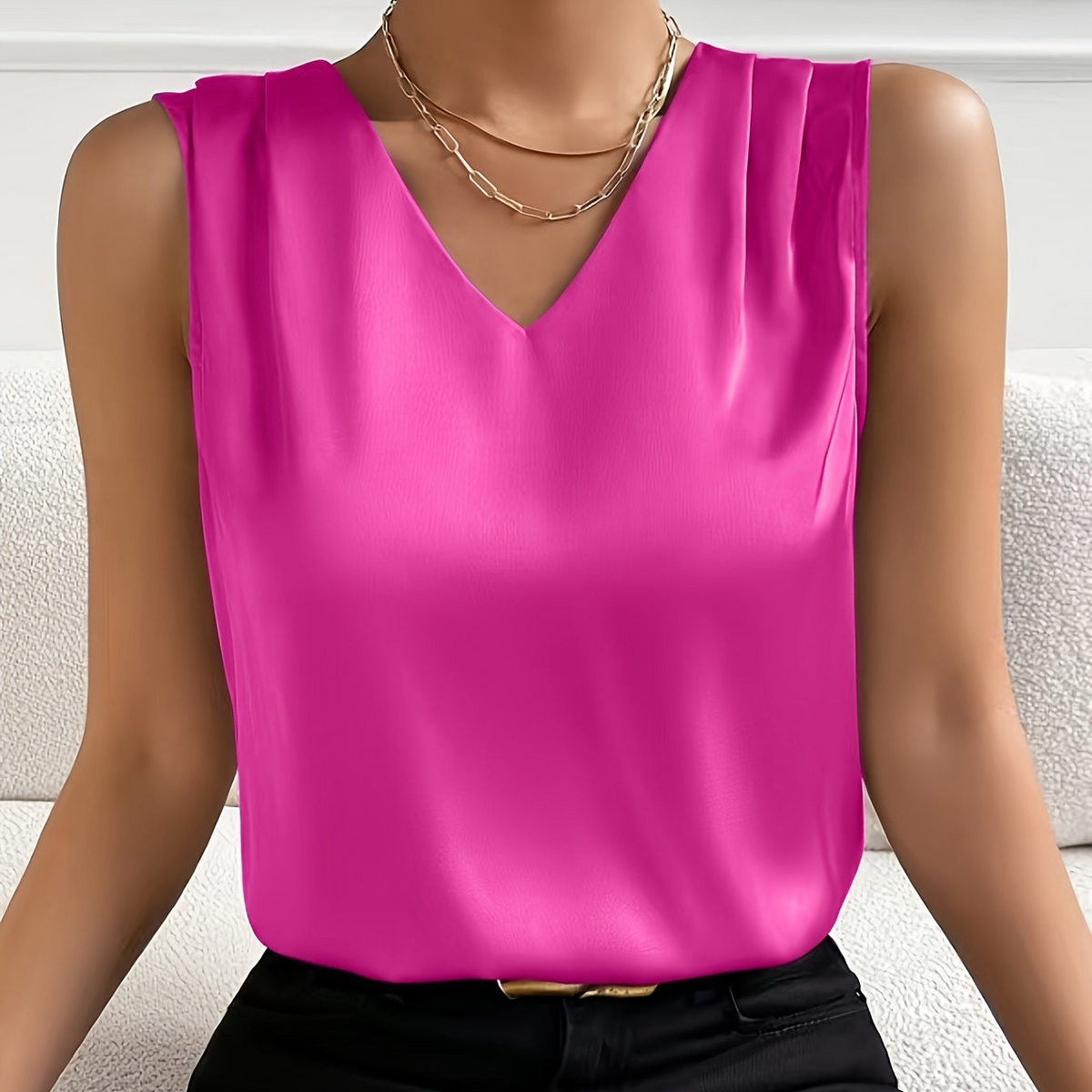Women’s Sleeveless Blouse – V-Neck with Flowing Relaxed Cut