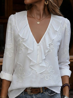 Women’s Ruffle Blouse – V-Neck Blouse with Tonal Floral Embroidery