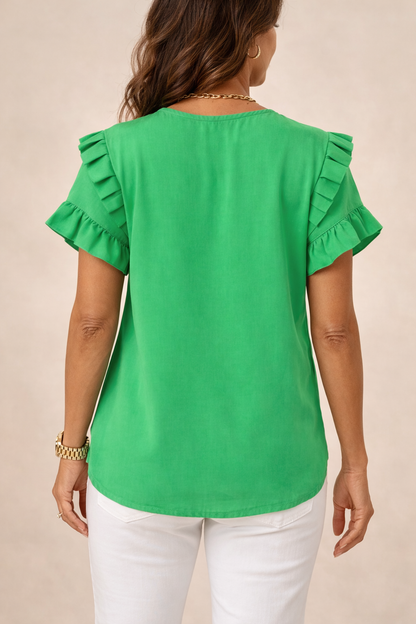 Women’s Short-Sleeve Blouse – Tiered Ruffle Sleeves with Round Neck