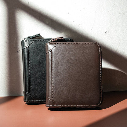 Men’s Genuine Leather RFID Wallet – Large-Capacity Zip-Around Card Organiser with Photo Pockets