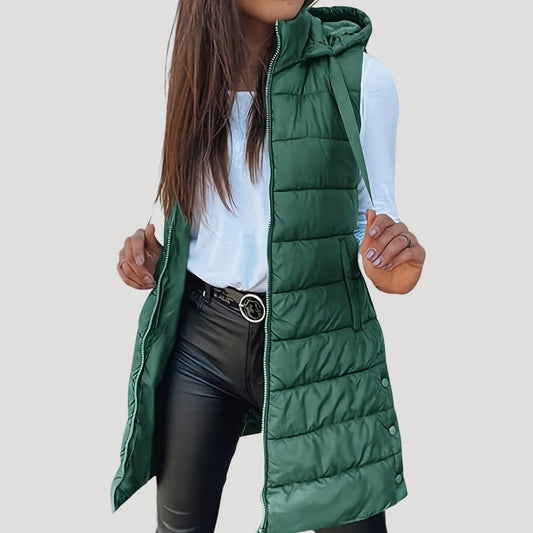 Women’s Long Quilted Gilet – Hooded with Press-Stud Front