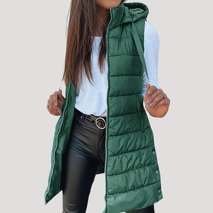 Women’s Quilted Hooded Gilet – Longline Zip-Up Winter Layer for Casual Everyday Wear