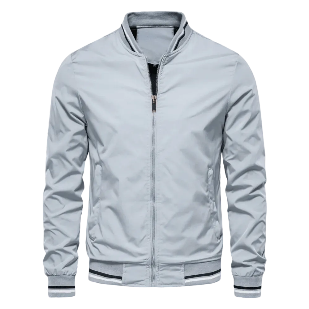 Men’s Striped-Trim Bomber Jacket – Lightweight Zip-Up Layer with Ribbed Collar and Cuffs