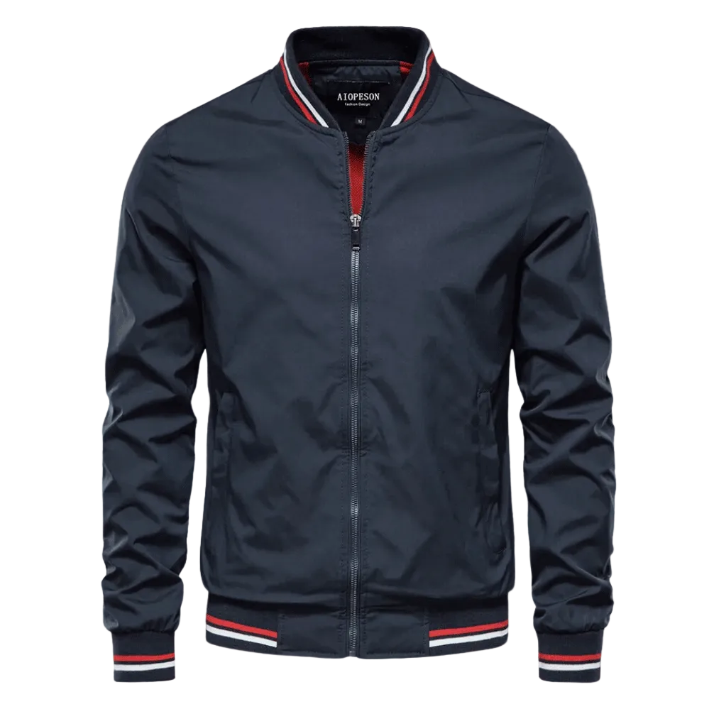 Men’s Striped-Trim Bomber Jacket – Lightweight Zip-Up Layer with Ribbed Collar and Cuffs