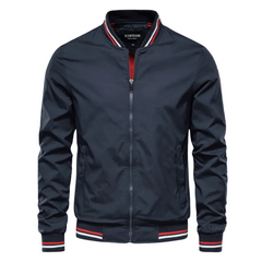 Men’s Striped-Trim Bomber Jacket – Lightweight Zip-Up Layer with Ribbed Collar and Cuffs