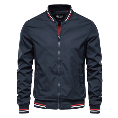 Men’s Striped-Trim Bomber Jacket – Lightweight Zip-Up Layer with Ribbed Collar and Cuffs