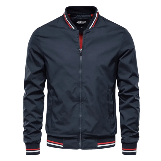 Men’s Striped-Trim Bomber Jacket – Lightweight Zip-Up Layer with Ribbed Collar and Cuffs