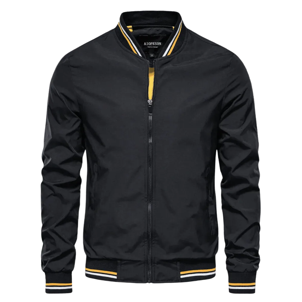 Men’s Striped-Trim Bomber Jacket – Lightweight Zip-Up Layer with Ribbed Collar and Cuffs