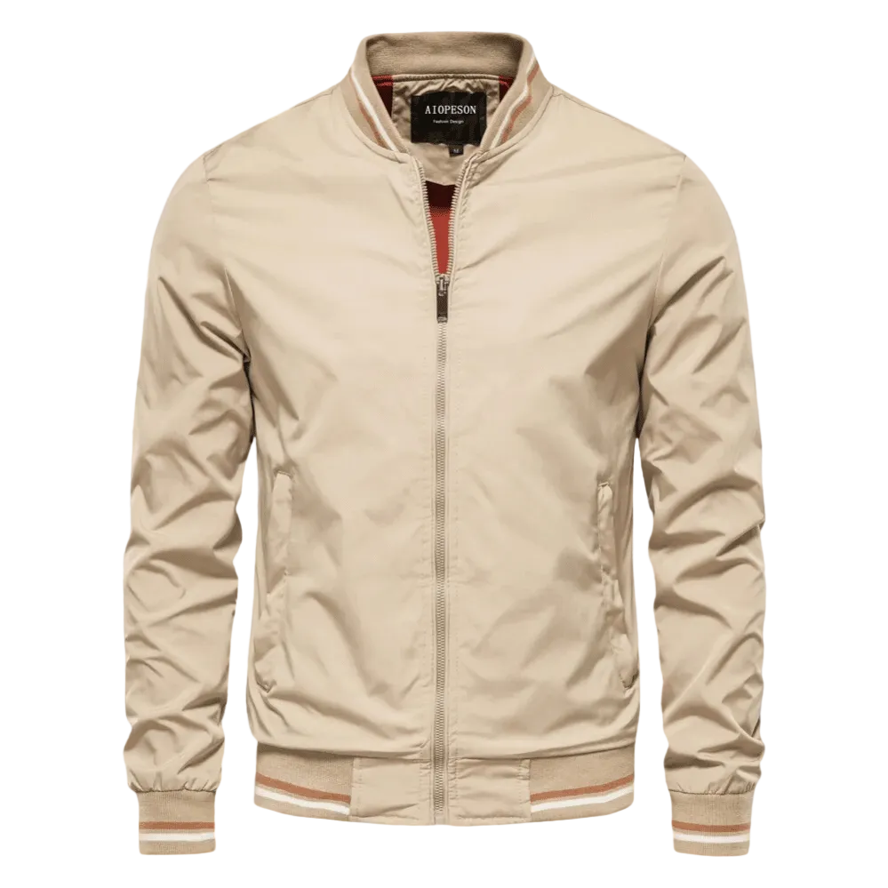 Men’s Striped-Trim Bomber Jacket – Lightweight Zip-Up Layer with Ribbed Collar and Cuffs