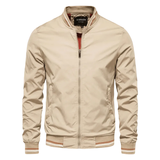 Men’s Striped-Trim Bomber Jacket – Lightweight Zip-Up Layer with Ribbed Collar and Cuffs